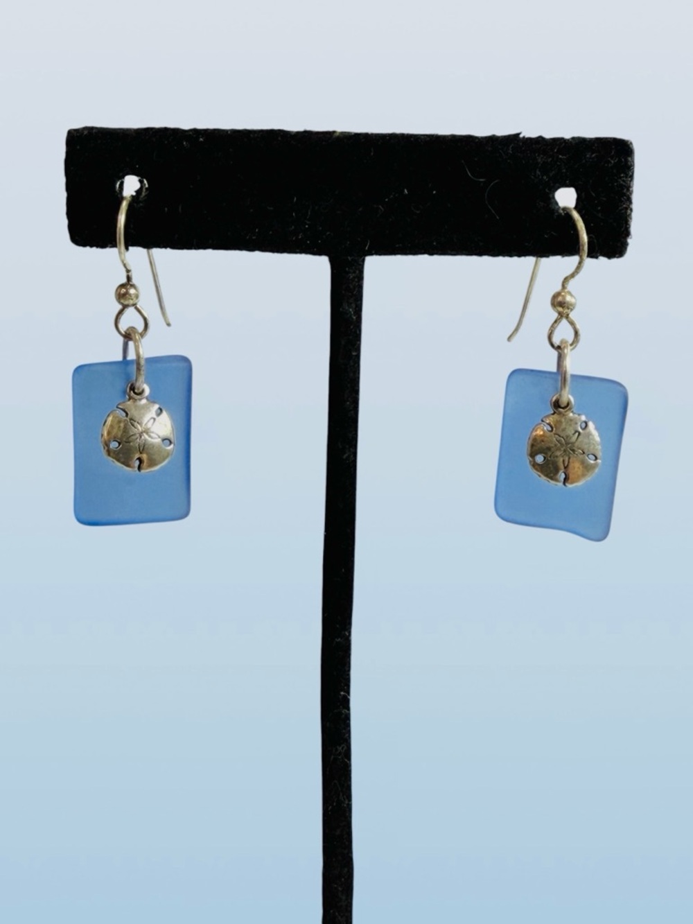 Sterling Silver Dangle Sand Dollar Ocean Sea Blue Glass Rectangle Hook Earrings